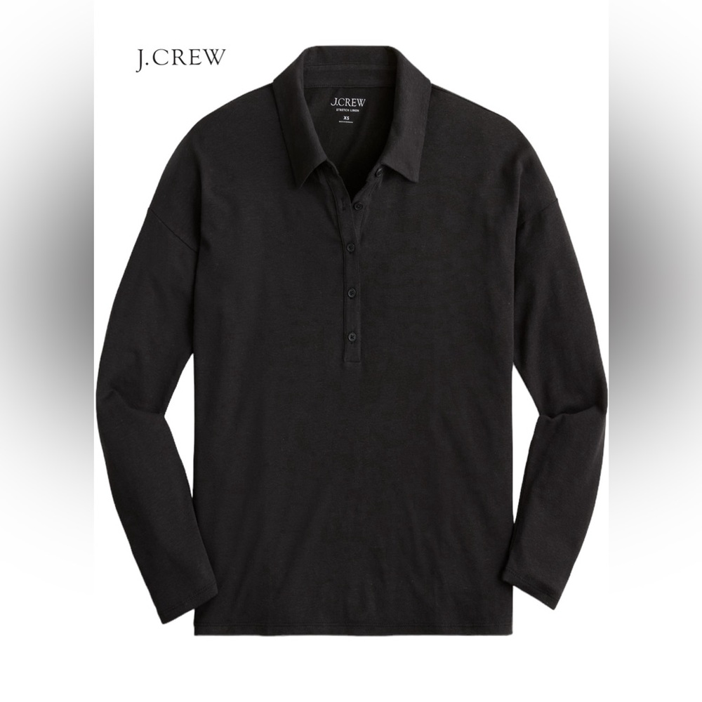 J.Crew EUC Relaxed Long-Sleeve Stretch Linen Blend Polo Shirt Size XL Black